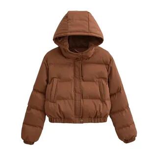 Plain Hooded Zip-Up Crop Puffer Jacket Coffee