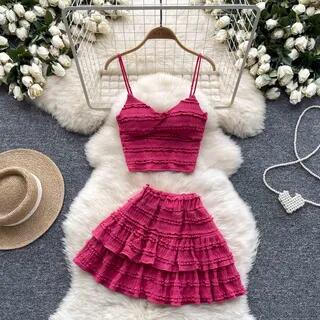 Set: Plain Frill Camisole Top + Elastic Waist Tiered Mini A-Line Skirt Rose Pink