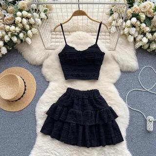 Set: Plain Frill Camisole Top + Elastic Waist Tiered Mini A-Line Skirt Black