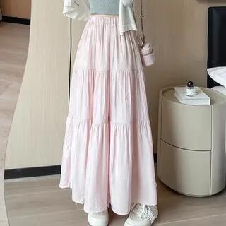 High Waist Striped Midi A-Line Tiered Skirt Pink