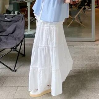 Sleeveless Mock Two Piece Ruffle Tie Front Top High Rise Plain Tiered Maxi A-Line Skirt Skirt - White