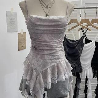 Asymmetrical Ruffle Trim Lace Panel Mesh Slim Fit Camisole Top Light Gray