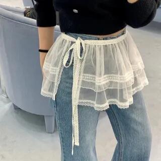 Plain Lace Trim Side-Slit Lace-Up Mesh Mini A-Line Skirt White