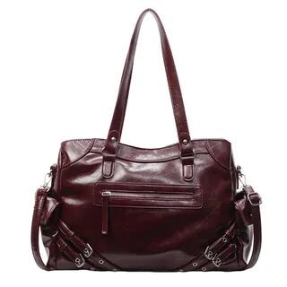 Plain Studded Buckled Faux Leather Tote Bag Wine Red
