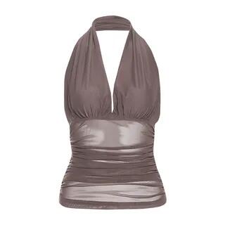 Halter V-Neck Plain Sheer Open-Back Slim-Fit Crop Tank Top Brown