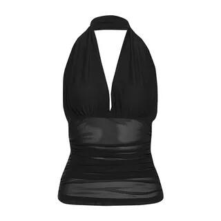Halter V-Neck Plain Sheer Open-Back Slim-Fit Crop Tank Top Black