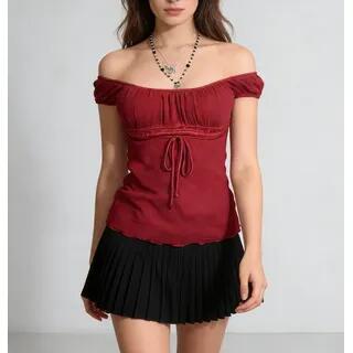 Short Sleeve Off Shoulder Plain Lace Panel Tie-Front Sheer Top Pink