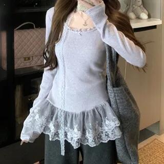 Long Sleeve Scoop Neck Plain Ruffle Panel Lace Top Plain Button Sweater Vest Top - Purple