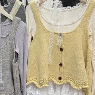 Long Sleeve Scoop Neck Plain Ruffle Panel Lace Top Plain Button Sweater Vest Vest - Yellow