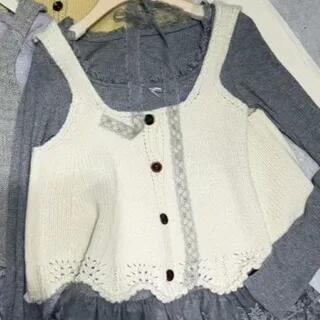 Long Sleeve Scoop Neck Plain Ruffle Panel Lace Top Plain Button Sweater Vest Vest - Almond