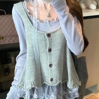 Long Sleeve Scoop Neck Plain Ruffle Panel Lace Top Plain Button Sweater Vest Vest - Gray