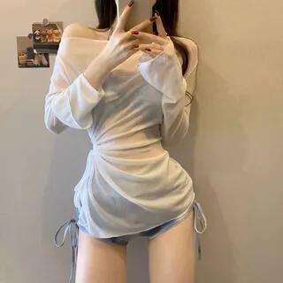 Set: Halter Tie Dye Bikini Top + Drawstring Swim Shorts + Long Sleeve Off Shoulder Plain Top - Set of - Bikini Top & Swim Shorts & Long Sleeve Top - Blue & Blue & White