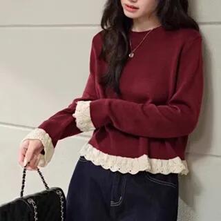 Round Neck Plain Lace Trim Knit Top Red
