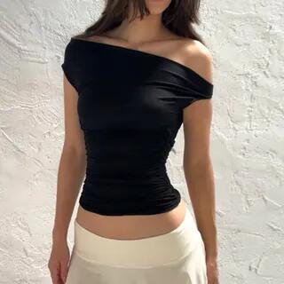 Off Shoulder Plain Slim-Fit Crop Tank Top Black