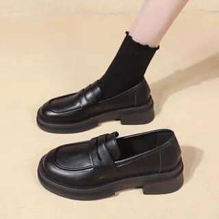 Platform Plain Faux Leather Penny Loafers Black