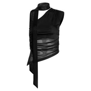 One Shoulder Scarf Collar Plain Sheer Asymmetric Hem Slim-Fit Tank Top Black