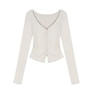 Long-Sleeve V-Neck Button-Up Plain Top Sleeveless Lace Top Long-Sleeve Top - Off-White