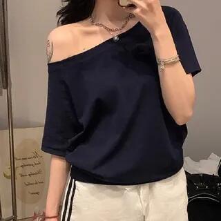 Short-Sleeve Off Shoulder Plain Top Navy Blue