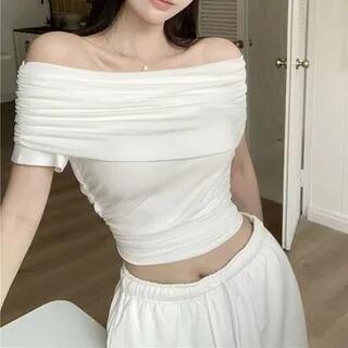 Off Shoulder Short Sleeve Plain Cropped Top Gray