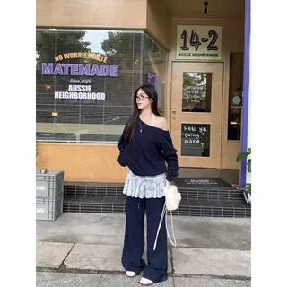 Boatneck Plain Sweatshirt Sleeveless Lace Top Drawstring Waist Baggy Pants Sleeveless Top - White