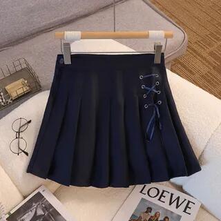 High Rise Lace-Up Plain Mini Pleated Skirt - Navy Blue