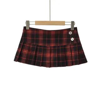 Low Waist Plaid Button Accent Pleated Mini A-Line Skirt Plaid - Black & Red
