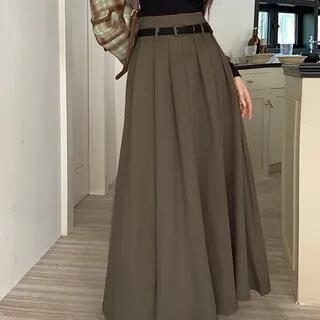 High Waist Plain Pleated Maxi A-Line Skirt Dark Brown