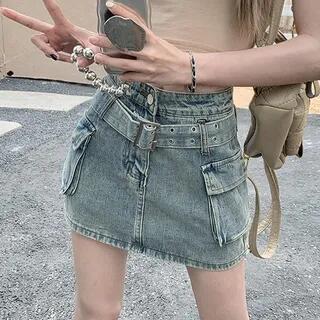 High Waist Belted Washed Denim Mini Pencil Skirt Blue -