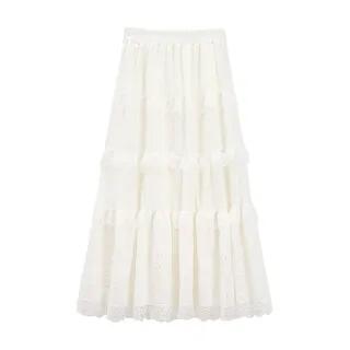 Elastic Waist Plain Ruffle Panel Maxi A-Line Skirt Almond