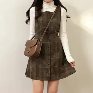 Sleeveless Plaid Button Mini Tank Dress Dress - Plaid - Brown