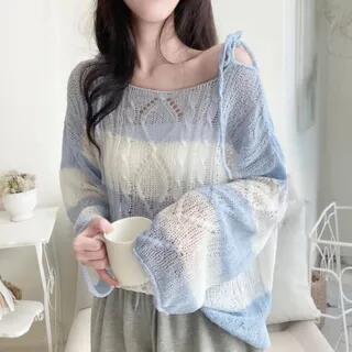 Off-Shoulder Cutout Striped Tie-Strap Knit Top Blue