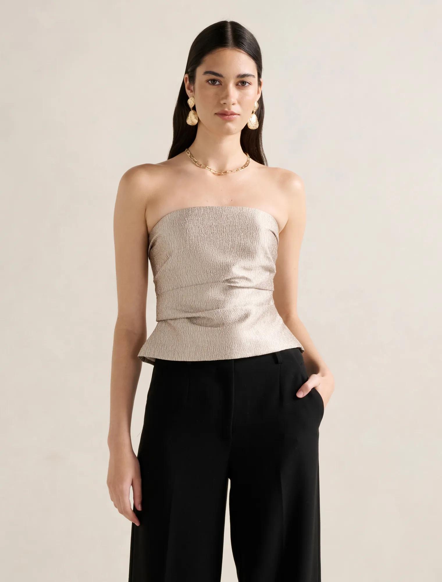 Forever New Women's Kamila Tucked Strapless Bandeau Top in Gold, Size PolyesterPolyamidePolyester