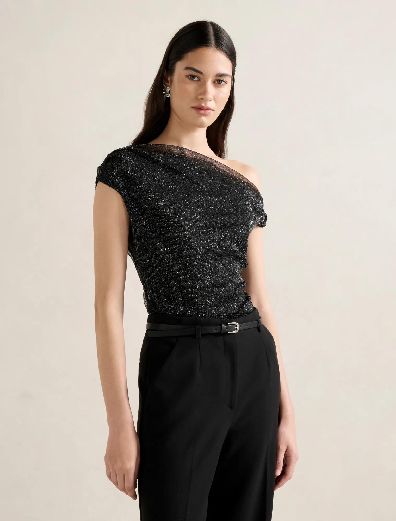 Forever New Women's Rylee Tipped Shoulder Glitter Top in Gunmetal Glitter, Size PolyesterMetallised FibrePolyester