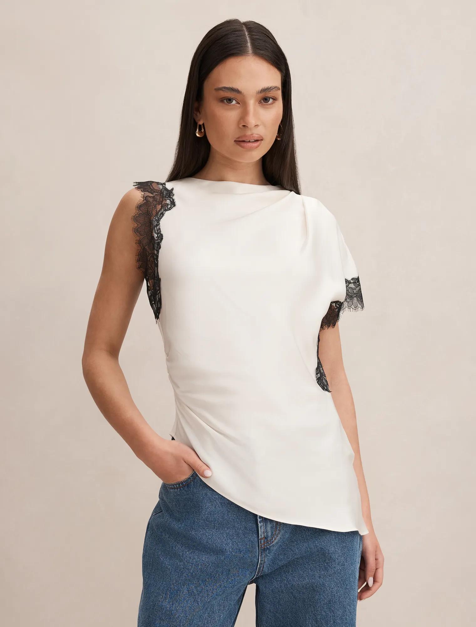 Forever New Women's Dixie Lace Top in Cream Black, Size Recycled PolyesterRayon