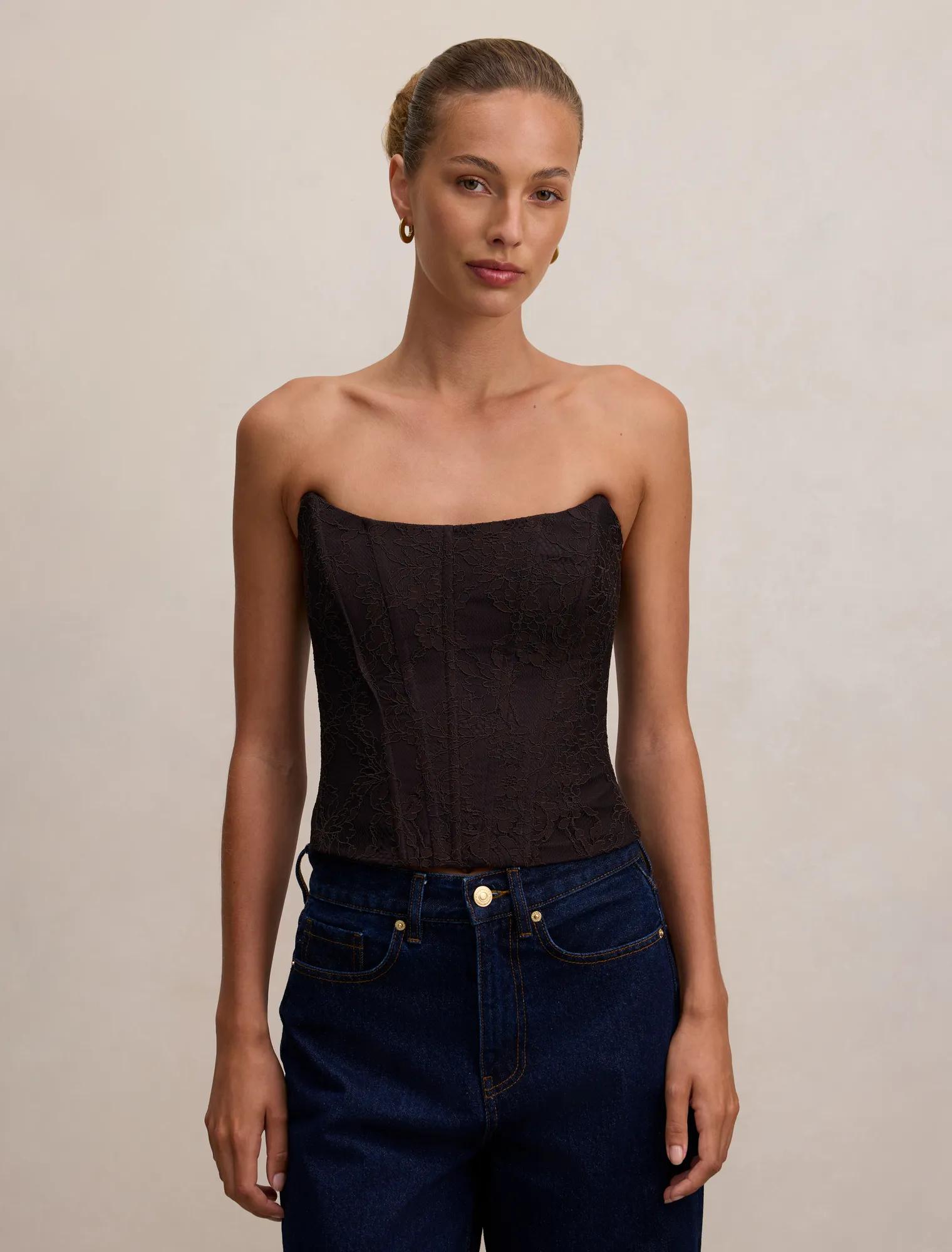 Forever New Women's Lara Lace Corset Top in Chocolate, Size PolyamidePolyesterElastane