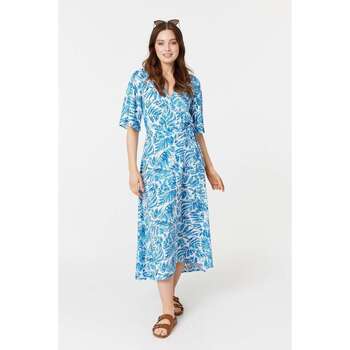Izabel London Leaf Print Sleeve Wrap Dress women's Long Dress in Blue