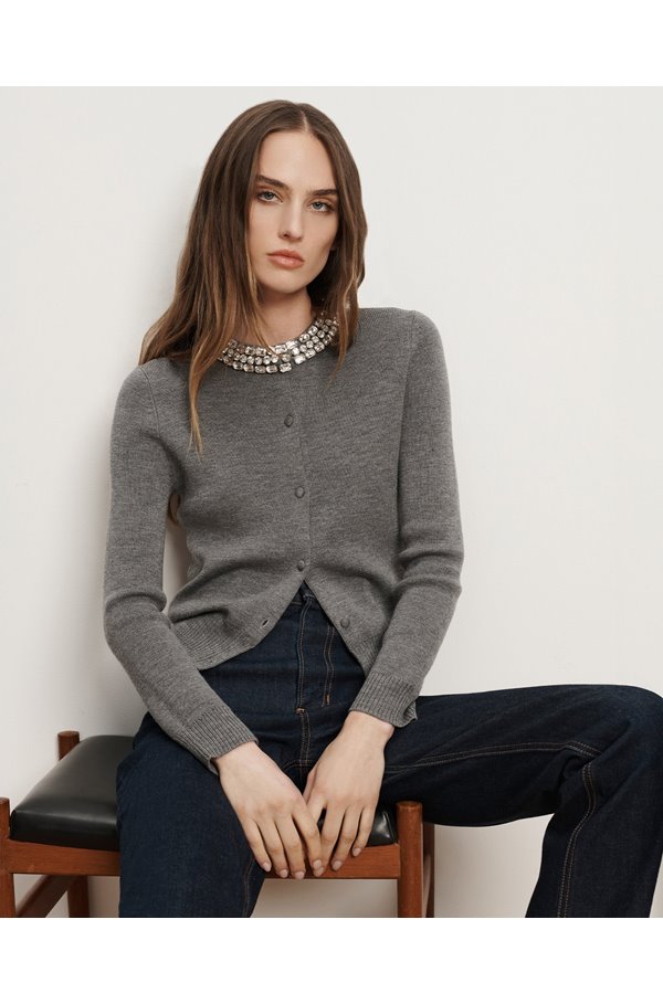 Veronica Beard - Daro Crystal Embellished Cardigan in Dark Heather Grey