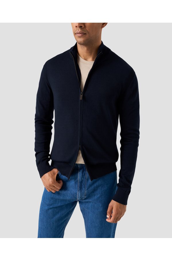 ETON - Cotton Full Zip Knit Cardigan in Navy Blue