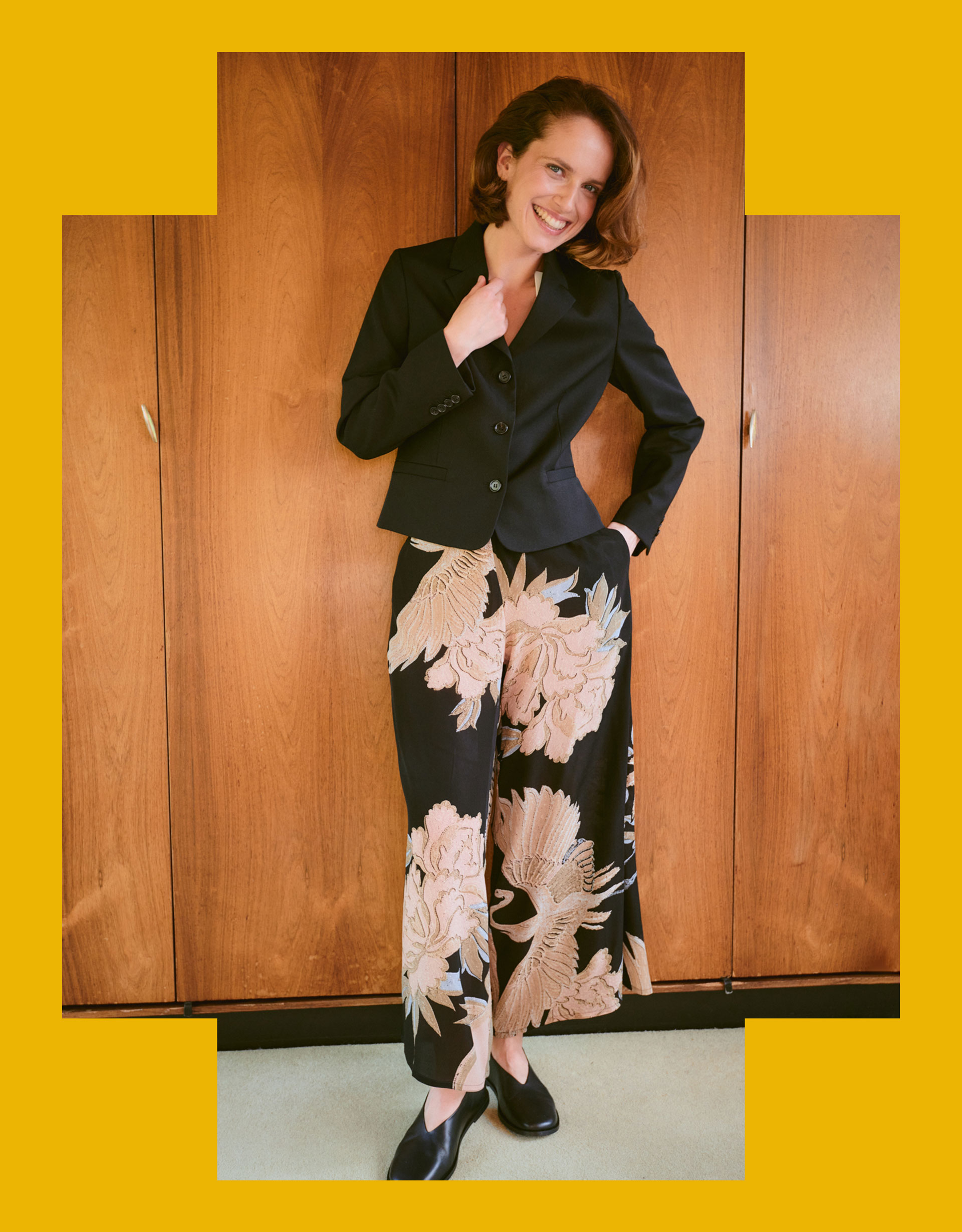 One Hundred Stars Crane Print Wide Leg Trousers Black