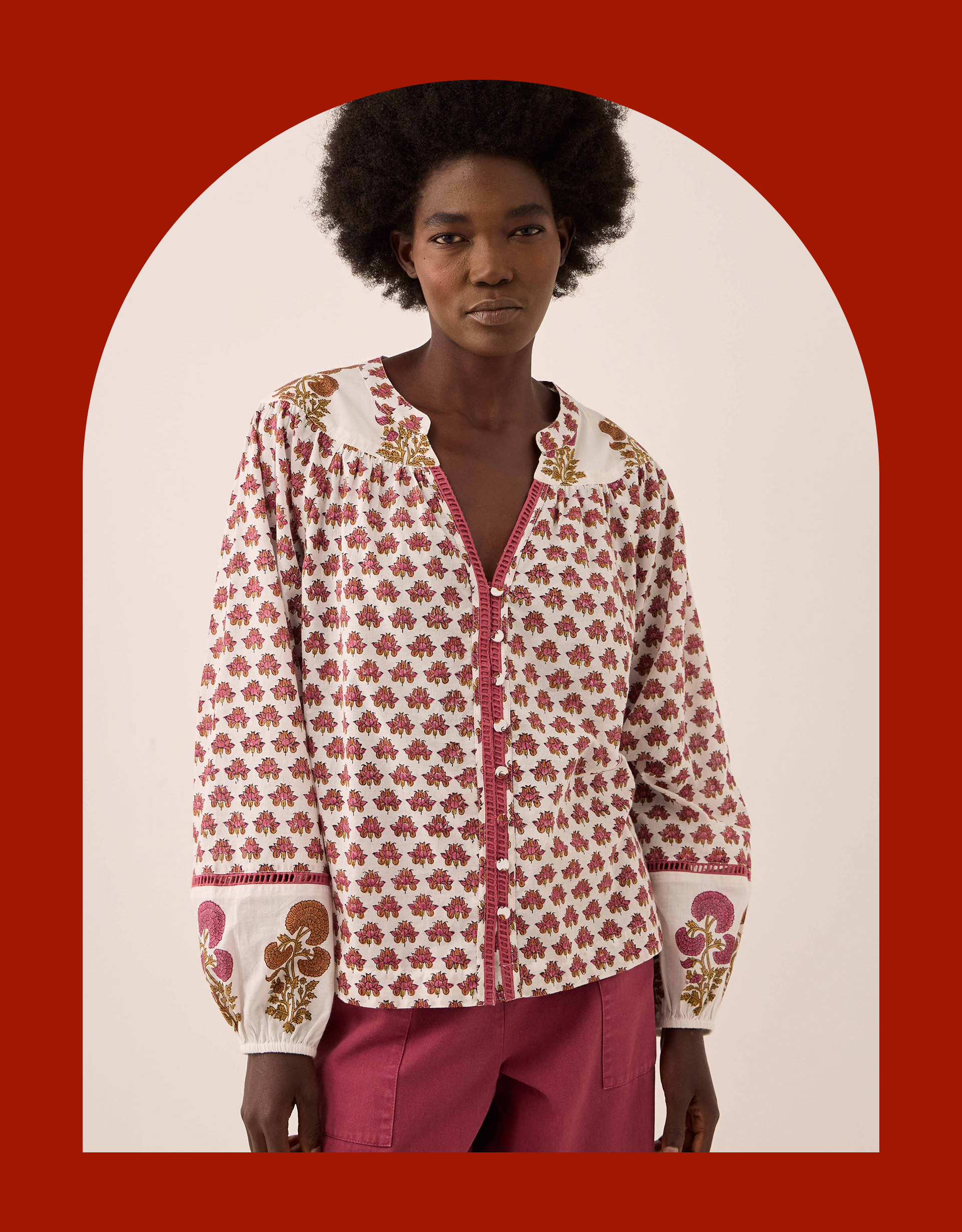 East Karmen Hand Woodblock Blouse Pink
