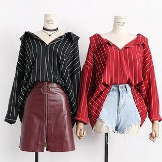 Striped Dip-Back Blouse Dark Red