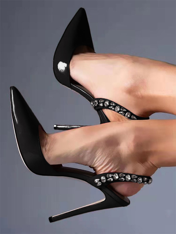 Black High Heels Pointed Toe Rhinestones Slingback Party Pumps