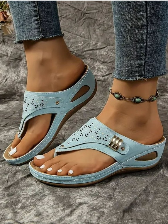 Elegant Plain Summer Block Heel Flip-flops Pu Wedge Sandals Slip On Polyurethane Wedge Sandals for Women