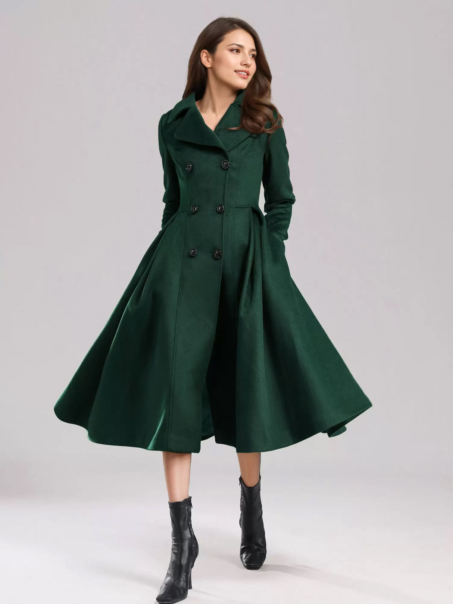 Green Woolen Flared Coat Double-breasted Wide Lapel Winter A-line Midi Outerwear