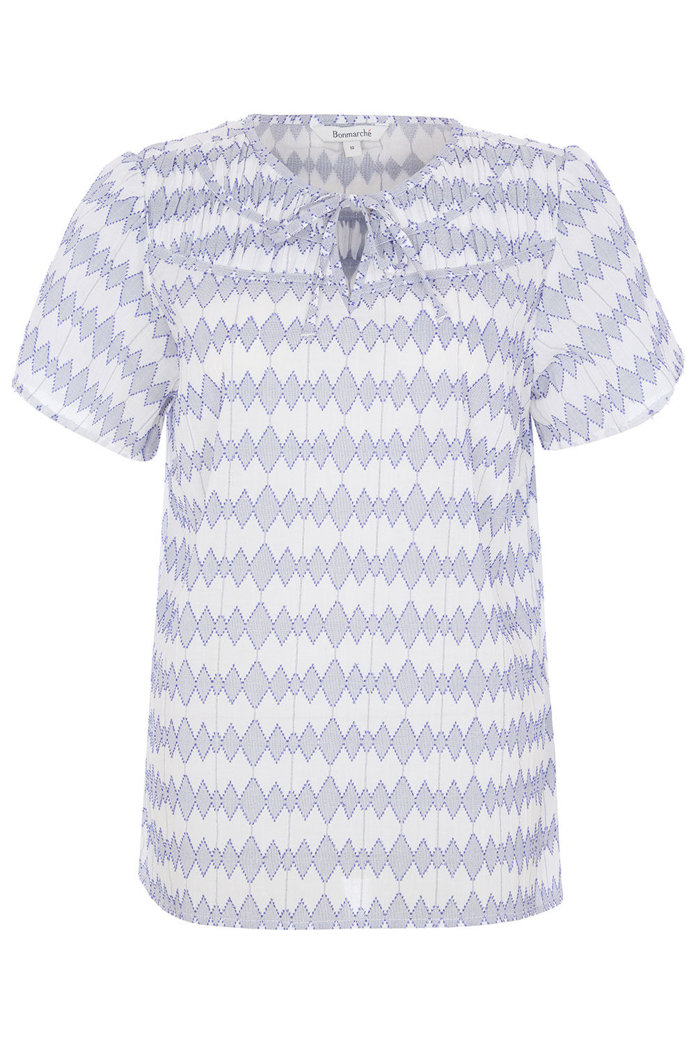 Bonmarche White Jacquard Diamond Print Tie Neck Blouse, Size: