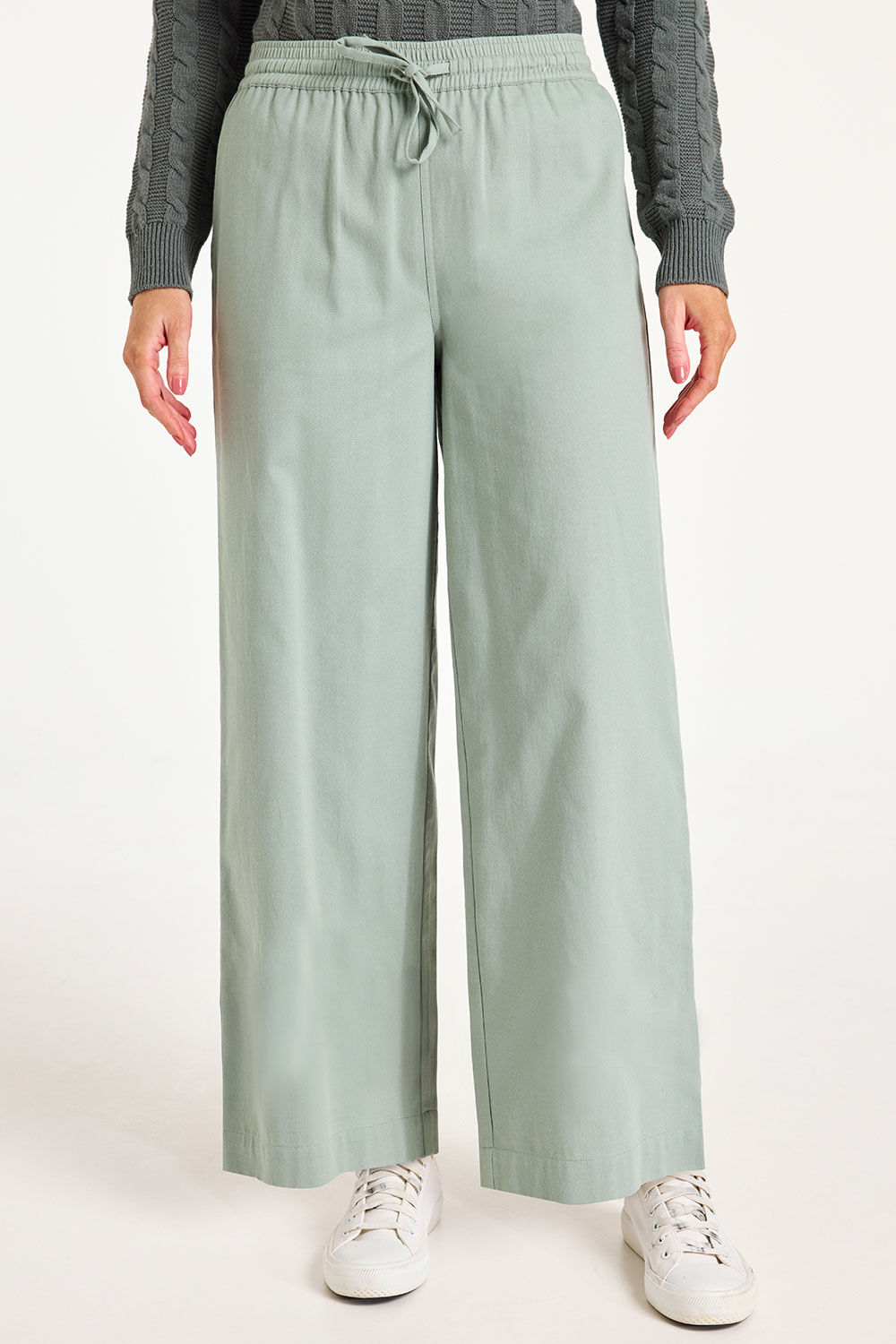 Autonomy Women's Khaki Cotton Tie Waist Wide Leg Trousers, Size: