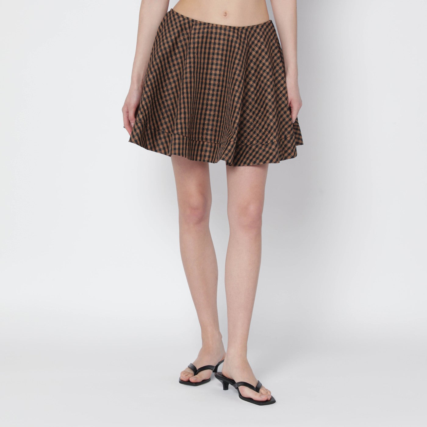 Brownblack gingham flared mini skirt