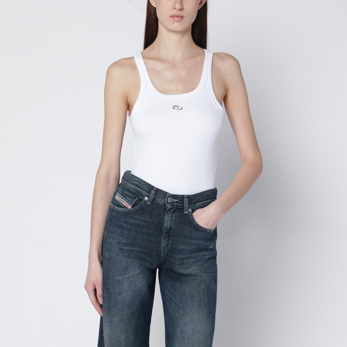 Wife white tank top with laser-cut Oval D