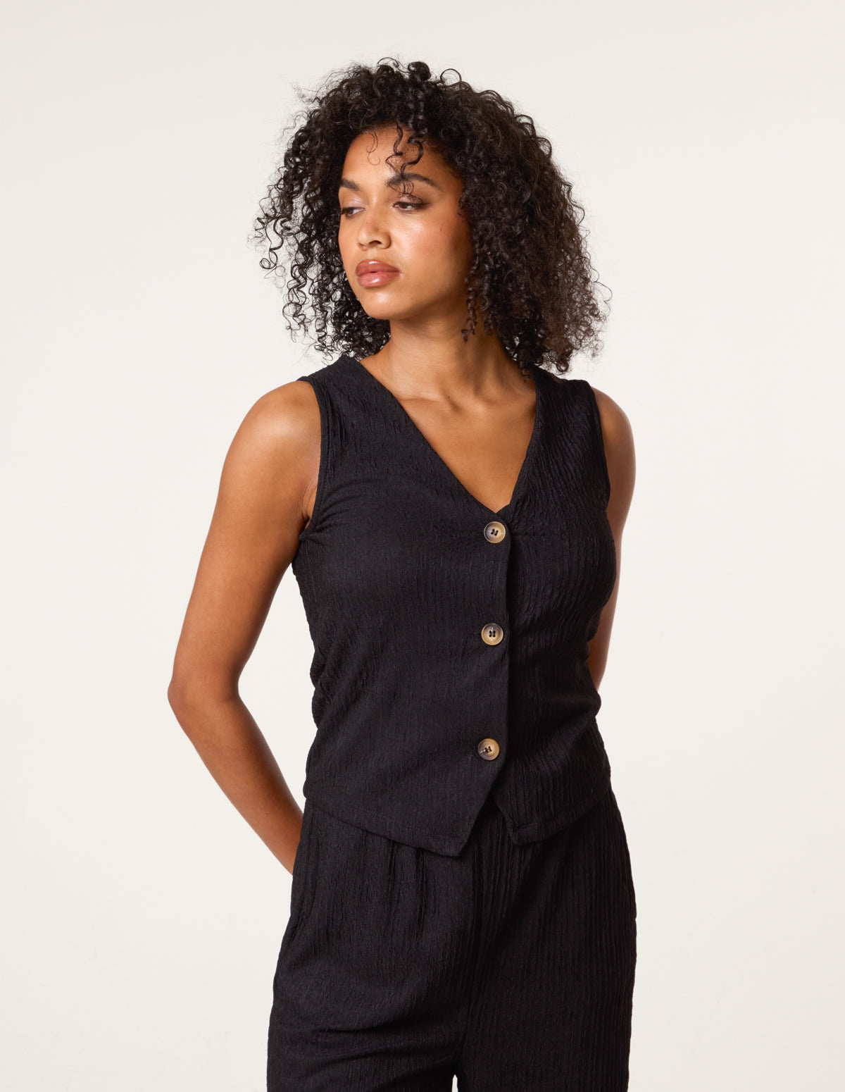 Crinkle Button Front Waistcoat - S BLACK