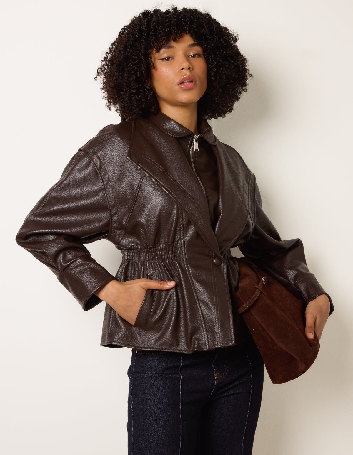 Collared Shirred Waist Faux Leather Jacket - S CHOCOLATE